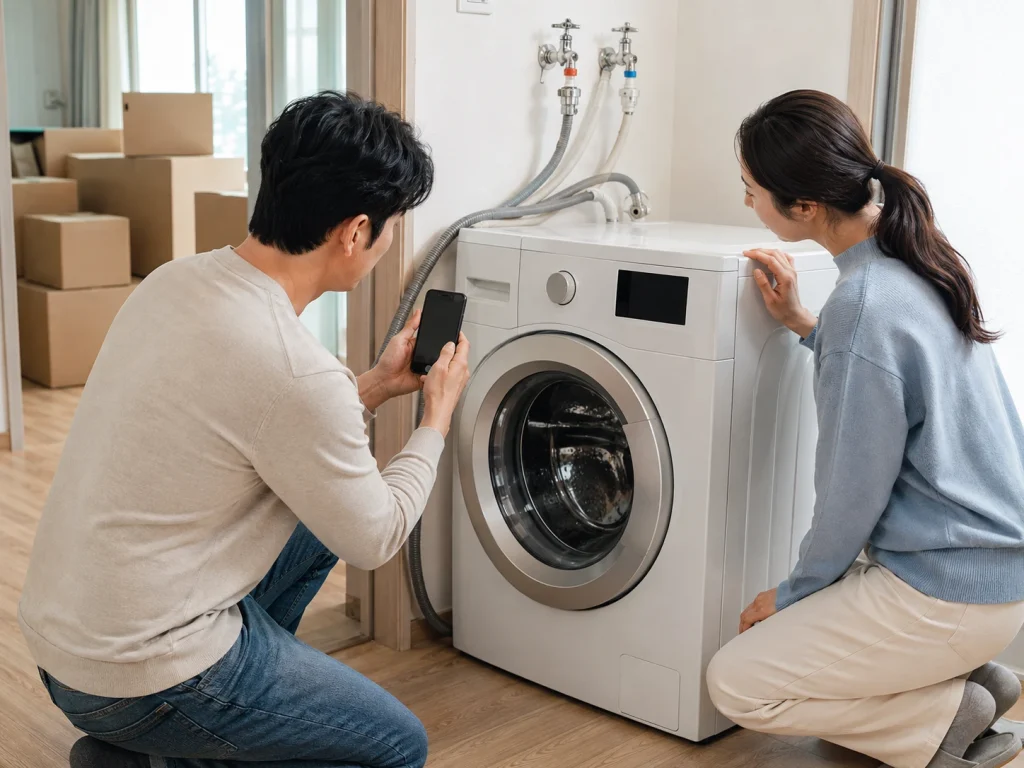 세탁기 청소 주기 완료 전 점검 장면