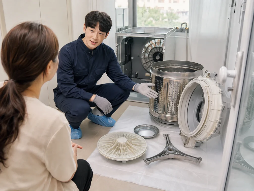 중고 세탁기 청소 완료 전 점검 장면